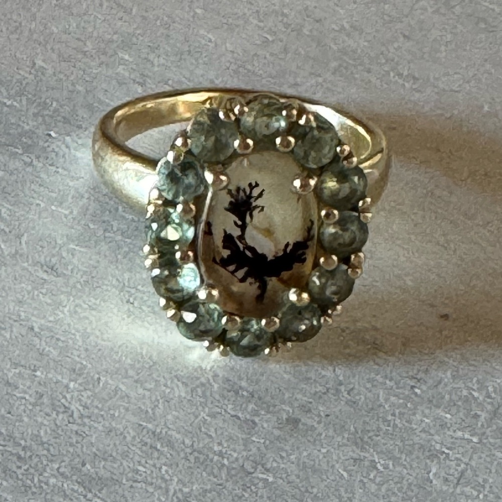 Custom designed and made 14k gold dendritic agate and green sapphire ring